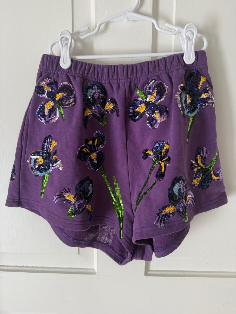 QUEEN OF SPARKLES Purple Sequin Floral Athletic Shorts